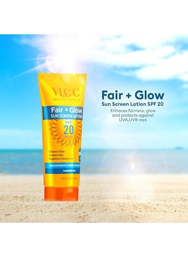 VLCC Fair + Glow Sun Screen Lotion Spf 20 PA++ - 50ml | Brightening Formula Sunscreen | Zero White Cast SPF | Non-Greasy Sunscreen | With Ashwagandha, Carrot & Wheatgerm Extracts. - Image 2